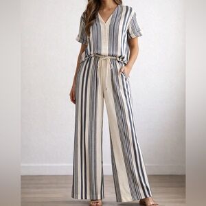 ICÔNE 2-Piece Striped Set Medium Cream & Navy Top + Wide Leg Pants